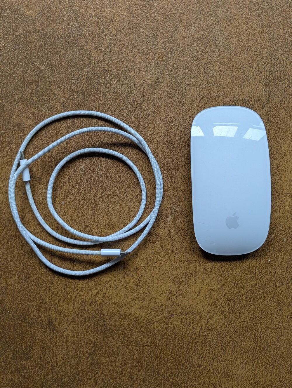 Apple White Wireless Magic Mouse with White Braided Charging Cable